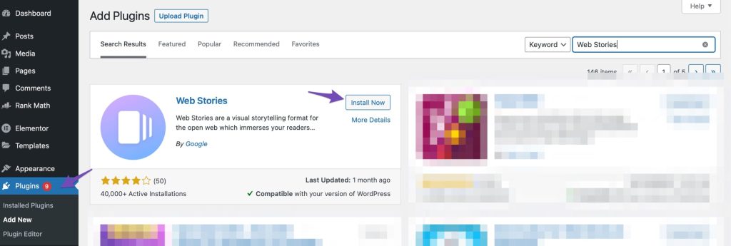 Rank Math와 연동하는 Web Stories 플러그인을 설치하려면 WordPress 대시보드에서 플러그인 섹션으로 이동합니다. 새로 추가하기를 클릭하고 검색창에서 웹 스토리를 검색합니다.
